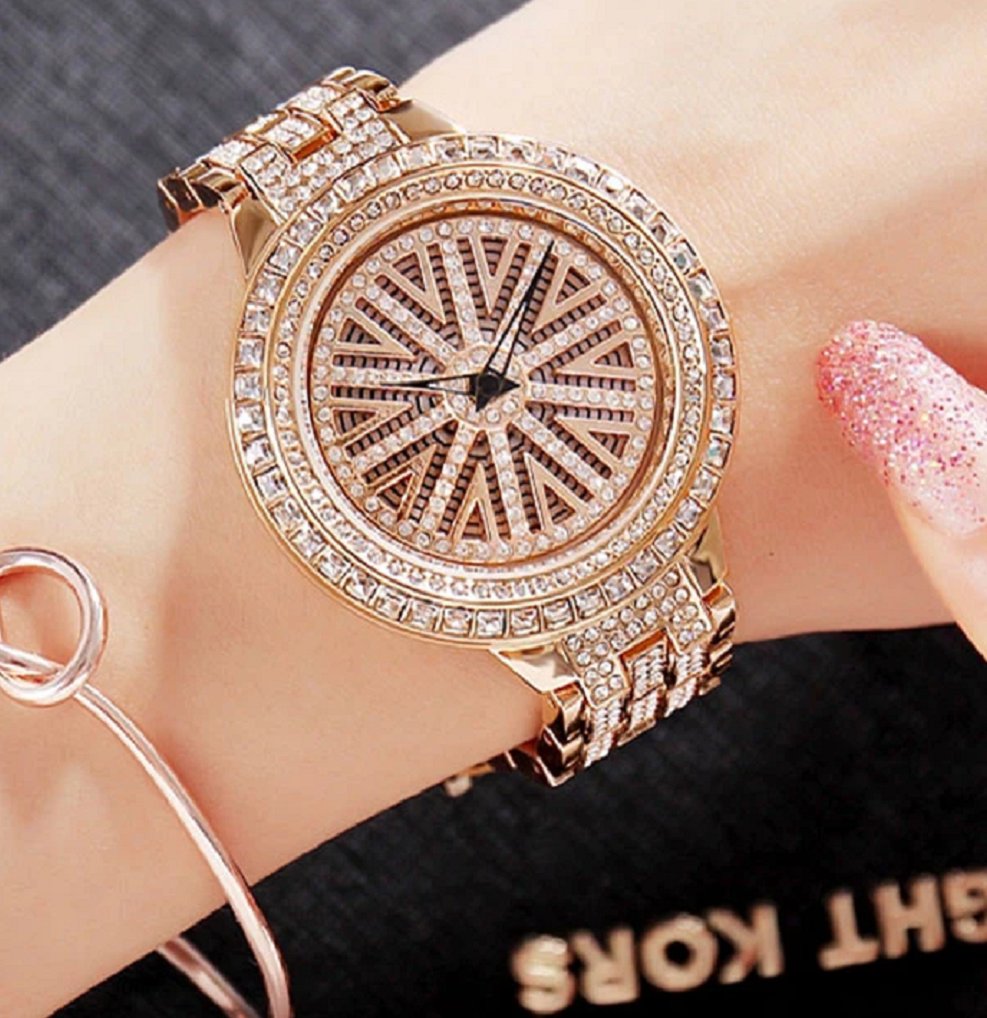 BEST WOMEN'S Bling WATCHES 2021 Glittering Rose Gold Metal Strap Round Dial Watch with Rhinestones