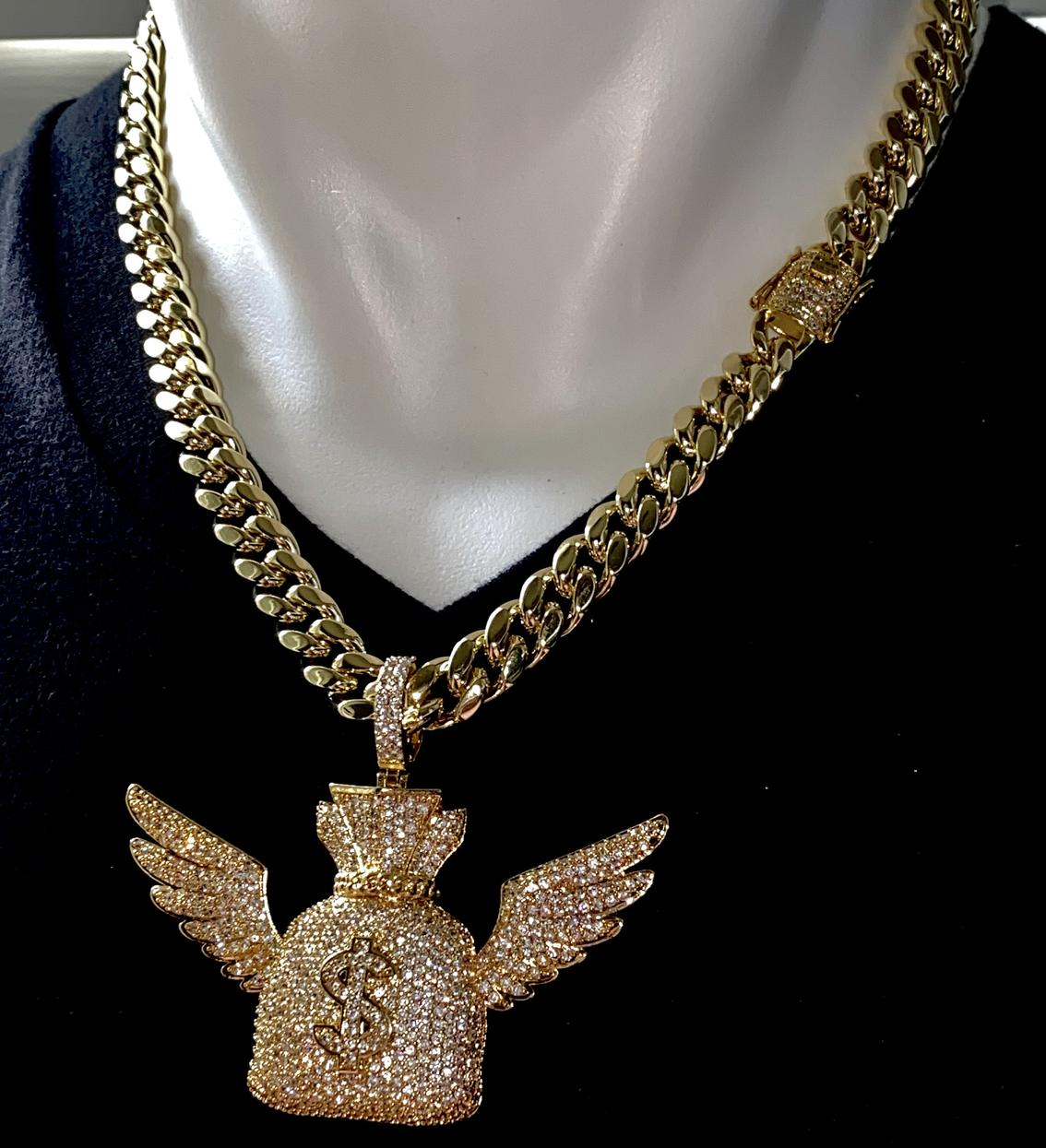 Best Hip Hop Bling 2021 14k Gold 5X Layered Iced Money Bag Pendant with Miami Cuban Chain Set