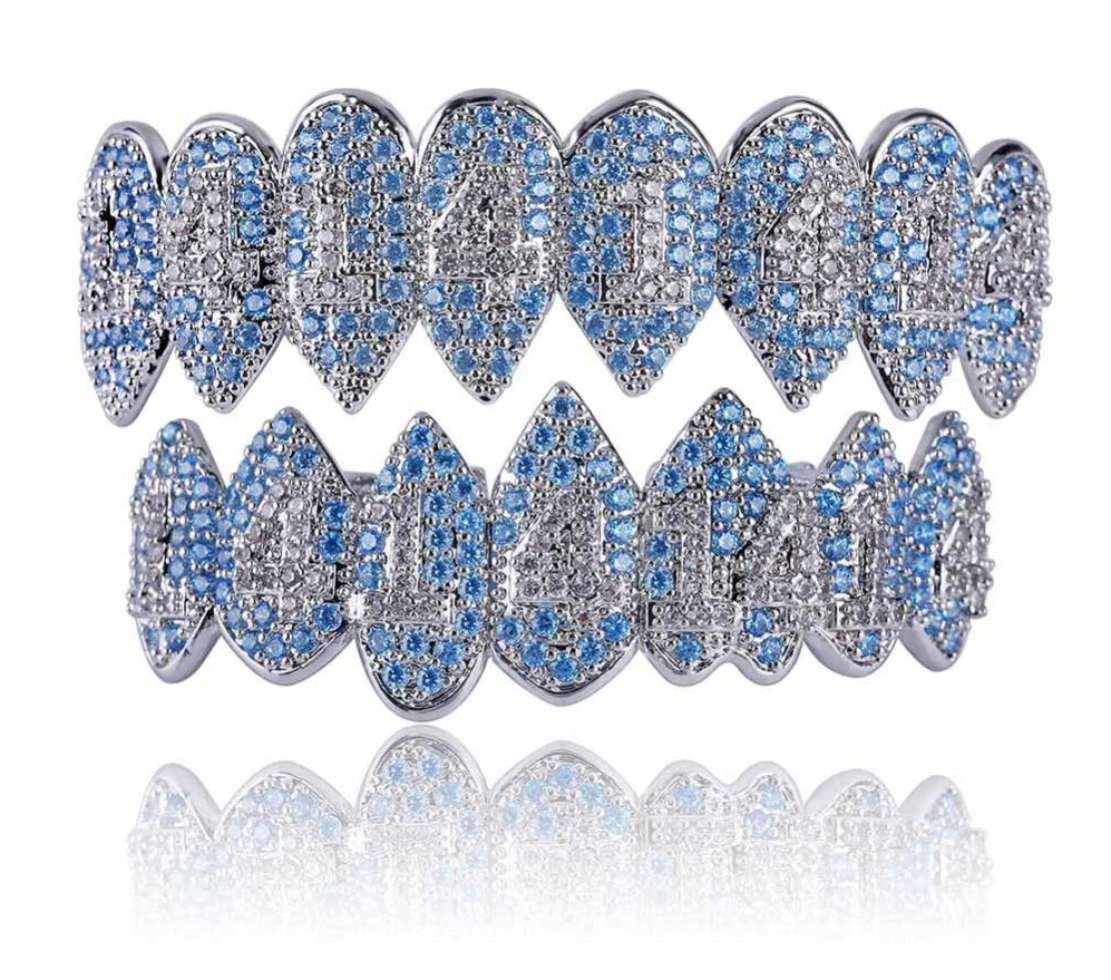 Best bling grillz 2021 Silver Color Iced Out Blue Diamonds Grillz Crystal Jewelry Top & Bottom