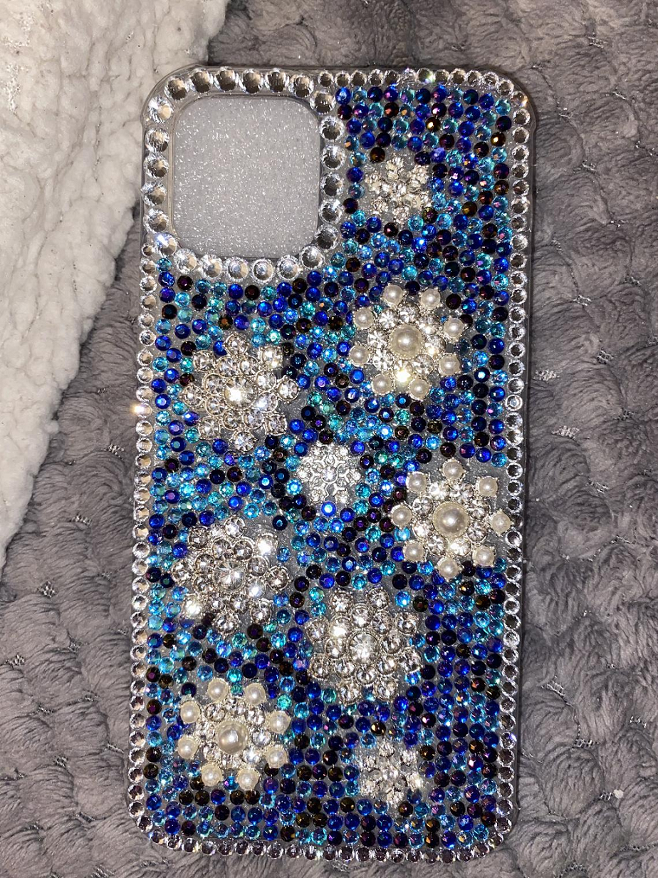 Best Cellphone Case Bling 2021:  Blinged out iPhone Case with Blue, Black and Silver Rhinestones and Pearls