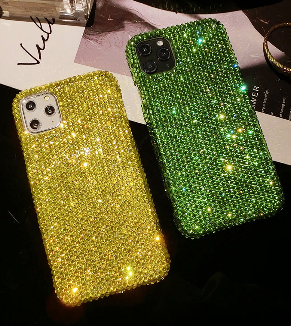 Best Cellphone Case Bling 2021:  Mobile Back Cover For iPhone with Yellow And Green Rhinestones