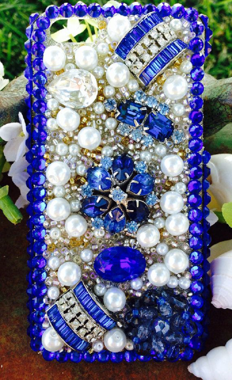 Best Cellphone Case Bling 2021:  Phone Bling Case with Electric Sapphire, Pearls and Rhinestones