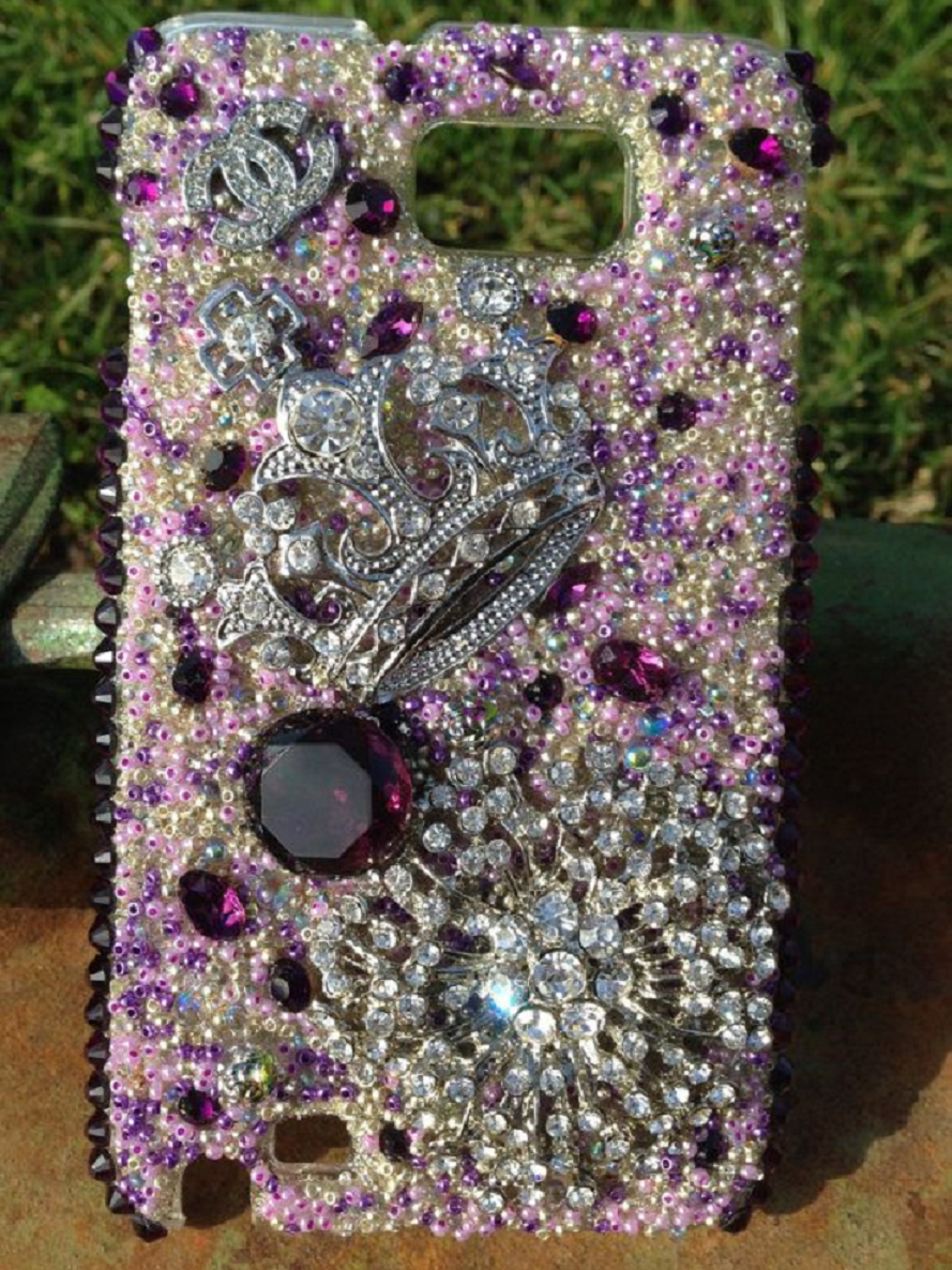 Best Cellphone Case Bling 2021:  Mobile Back Case with Purple Gems and Multi-Color Rhinestones with Pearls