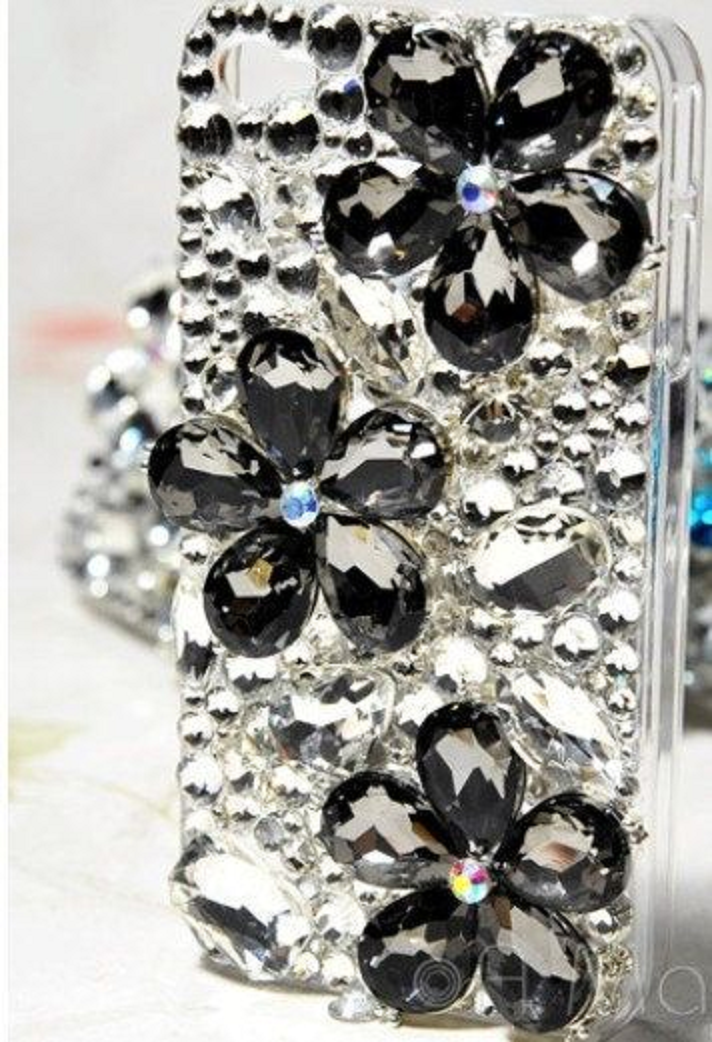 Best Cellphone Case Bling 2021:  Mobile Back Case Fully Jewelled with Black Crystals and Clear Rhinestones