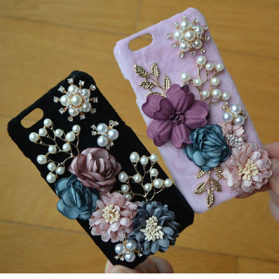 Flowers Inspired Mobile Back Case with Pearls and Rhinestones