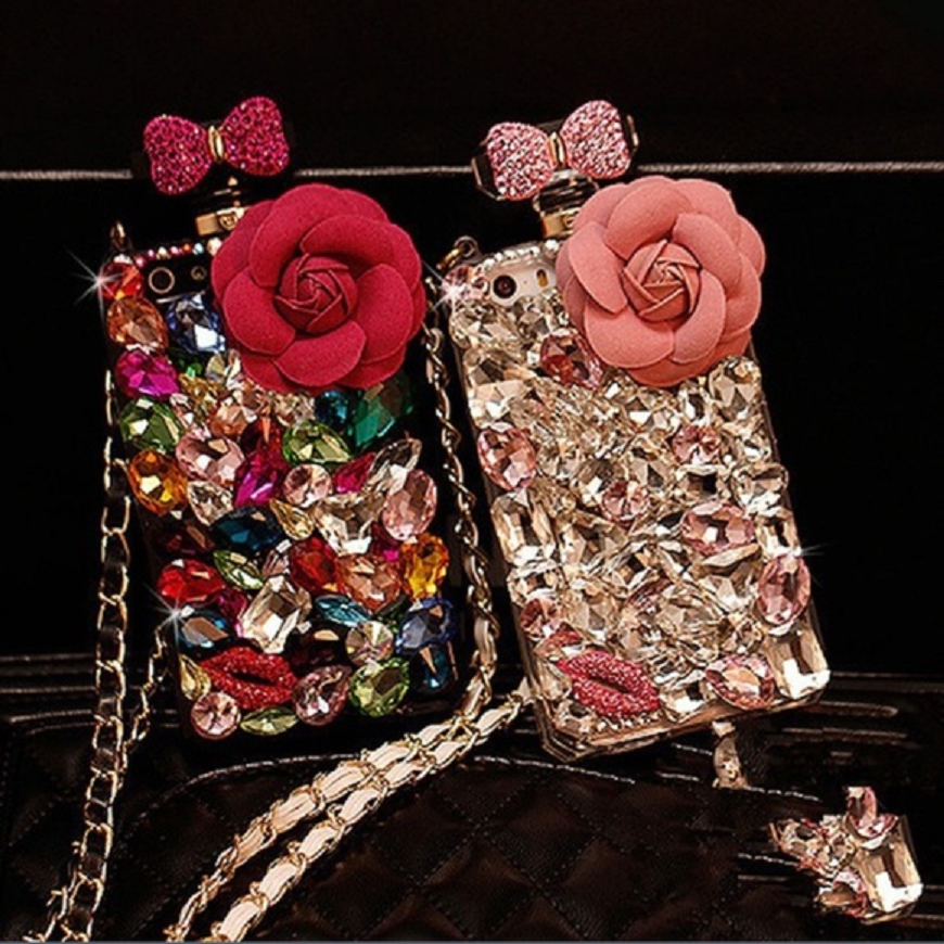 Best Cellphone Case Bling 2021: Mobile Back Case In Bottle Shape with Rhinestone Bows and Rose with Multi-Color Crystals Embellished