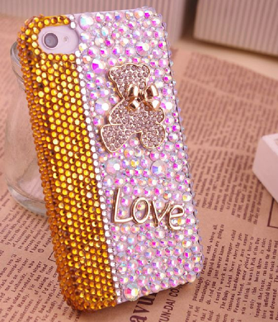 Best Cellphone Case Bling 2021: Best Cellphone Case Bling 2021:  Blinged Out Phone Back Cover with Gold Rhinestones and Pink Sequins with Love Badge