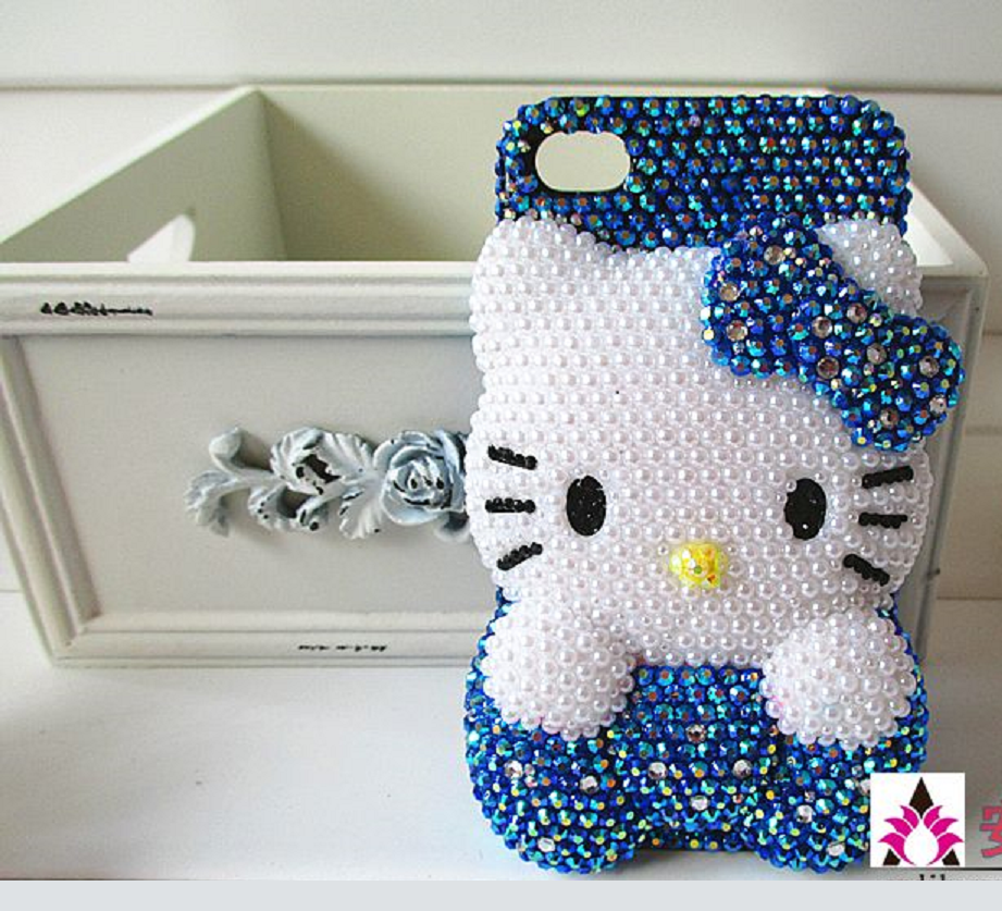 Blinged Out White Rhinestone Hello Kitty with Dark Blue Rhinestone Background Mobile Back Cover