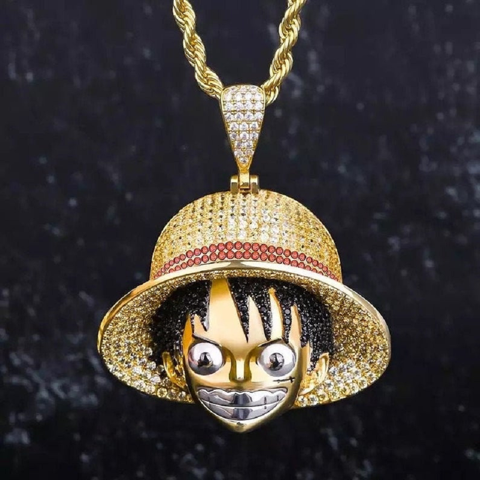 14K Gold Anime-Inspired Pendant with Rhinestones with A 3mm Rope Chain