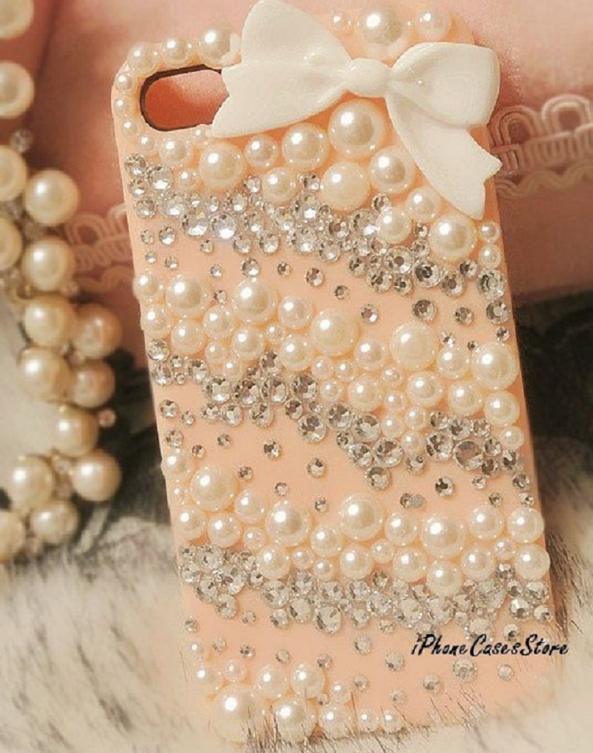 Light Pink Mobile Case with Rhinestones and Pearls and Bow Tie