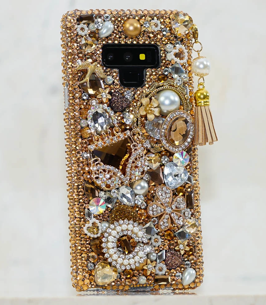 Golden Mobile Cover, Handmade Design with Rhinestones, Pearls and  Tassel Charm