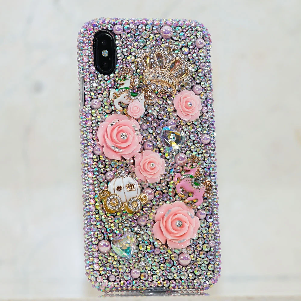 Blinged Out Mobile Back Case with Rhinestones, Rose and Pumpkin Chariot