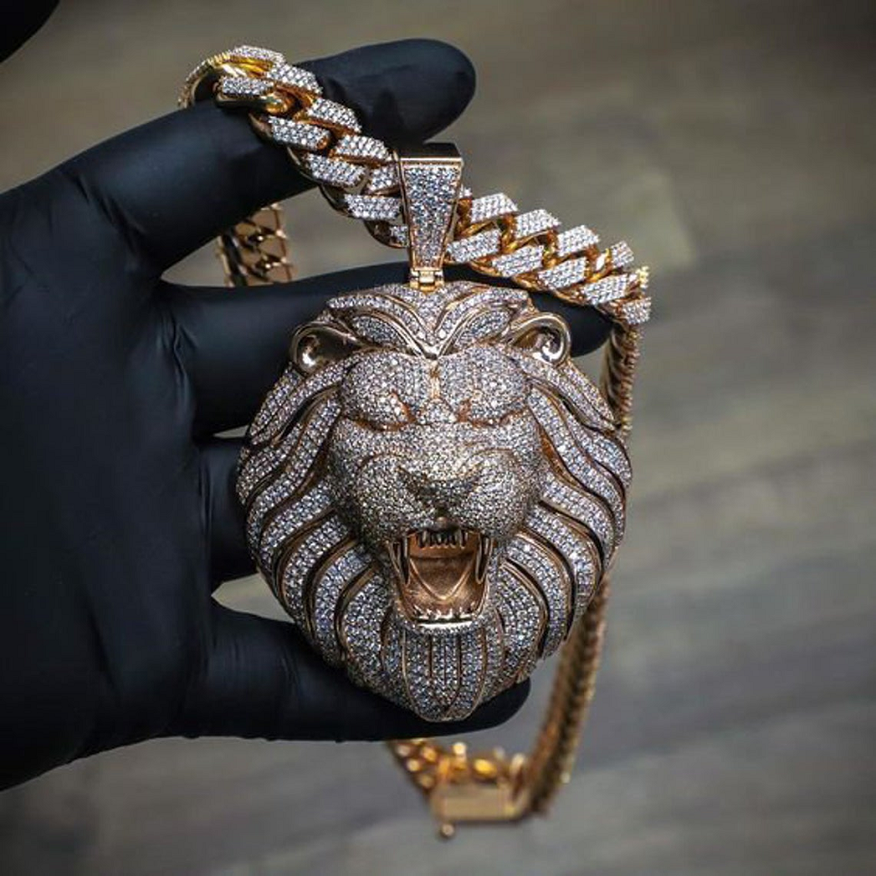 Best Hip Hop Bling 2021 Sterling Silver 925 Fully Iced Out Lion Head CZ Diamond Pendant With Cuban Link Iced Out Chain