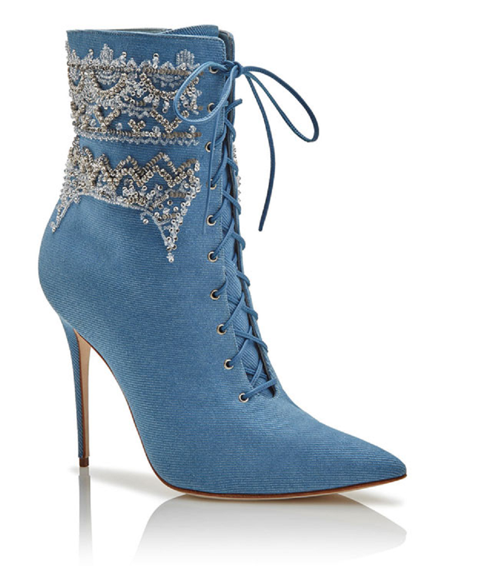 Best Women's Bling Heels 2021: Blue Ankle-High Pointed Toe with Denim and Rhinestones with Tie-up