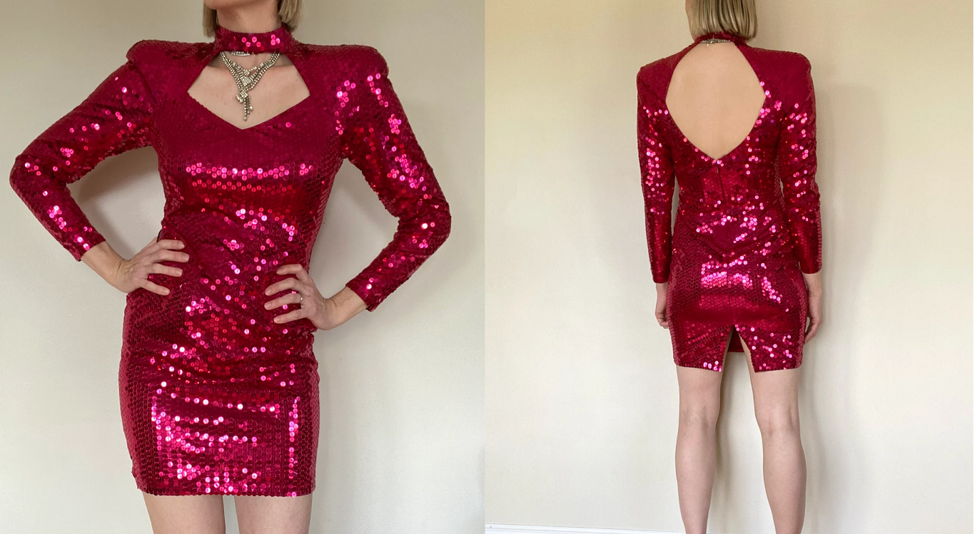 Best Instagram Red Sequin Dress Bling: Vintage Mirror Sequin Cut-Out Party Dress with Long Sleeves