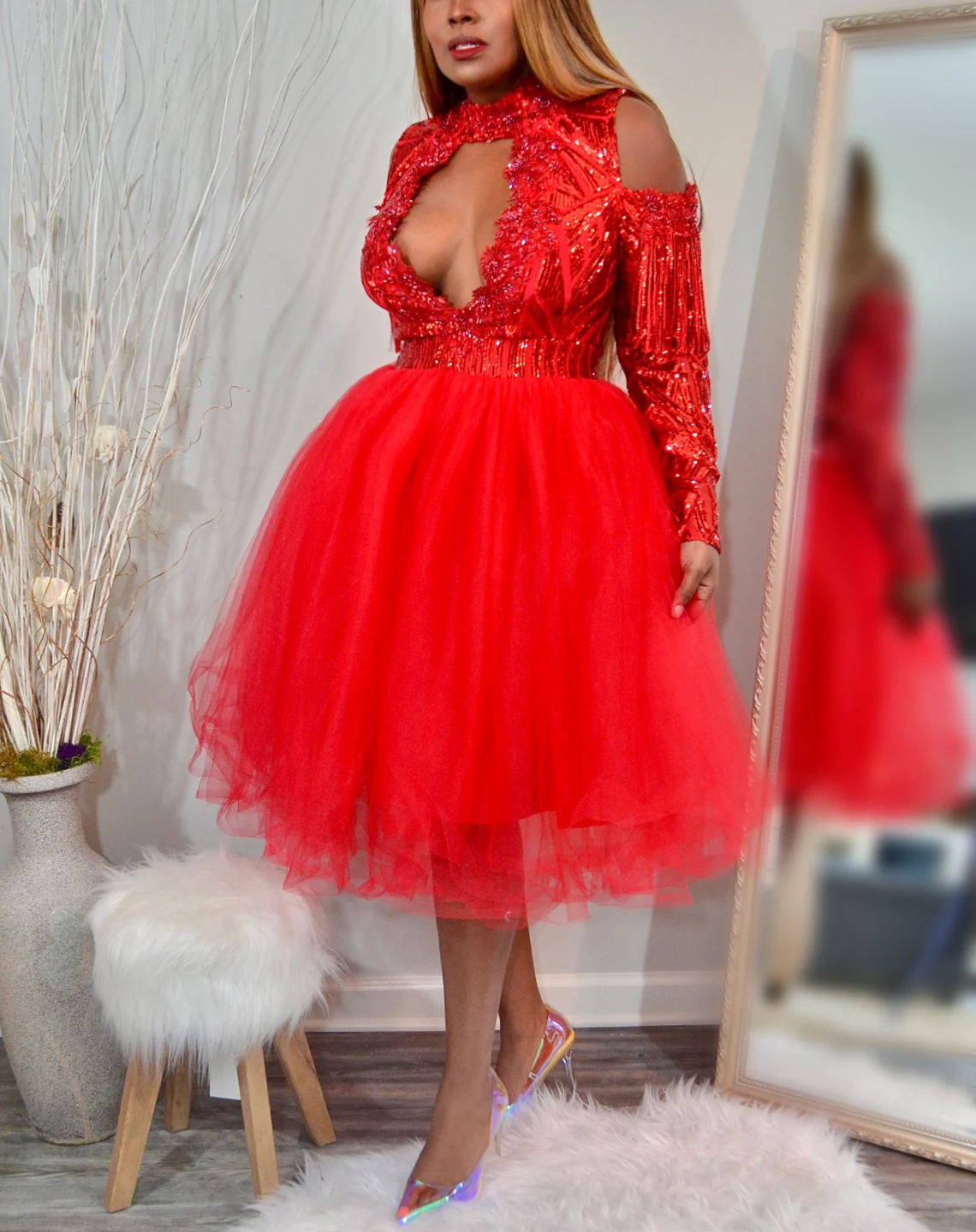 Best Instagram Red Sequin Dress Bling: Glittery Red Sequin Tulle Cocktail Dress with Cold Shoulders and Deep Neck