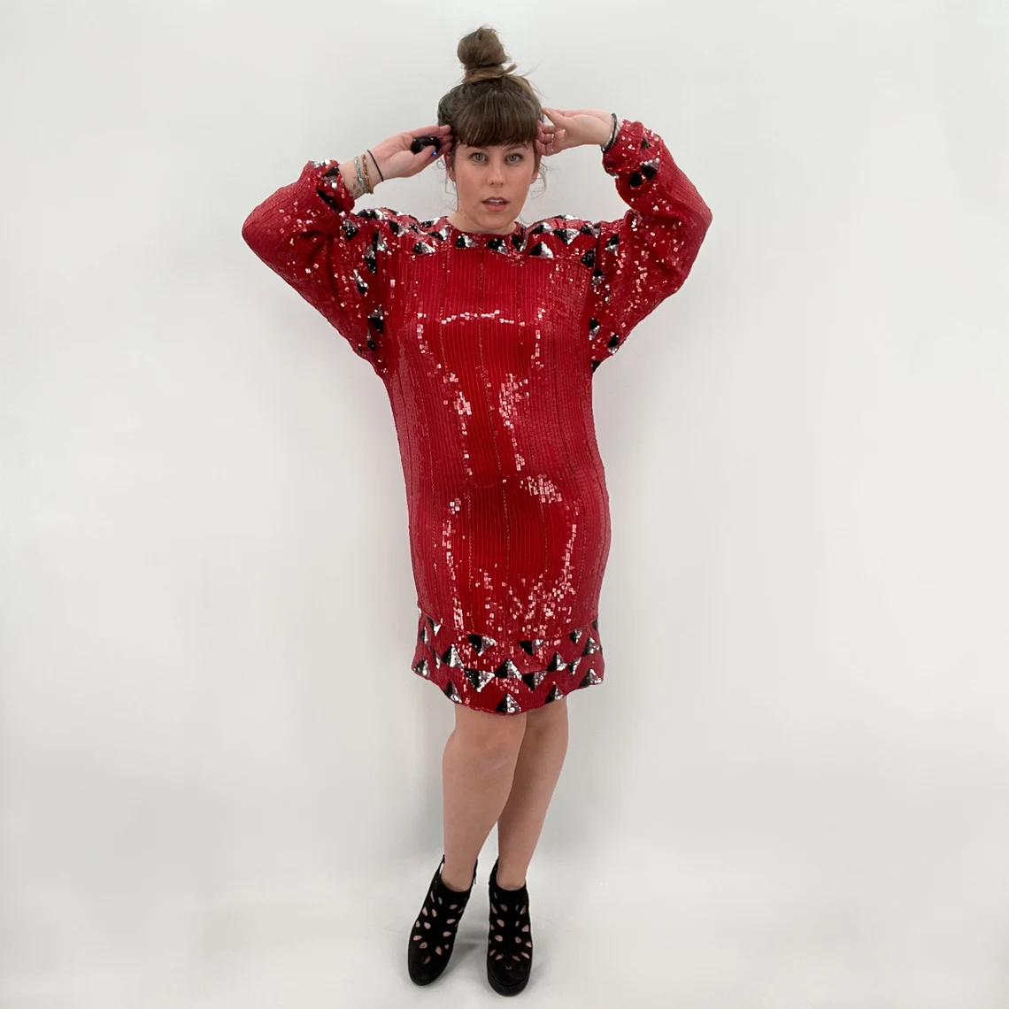 Best Instagram Red Sequin Dress Bling: Vintage Below The Knee Red Sequin Dress with High Neck and Long Sleeves