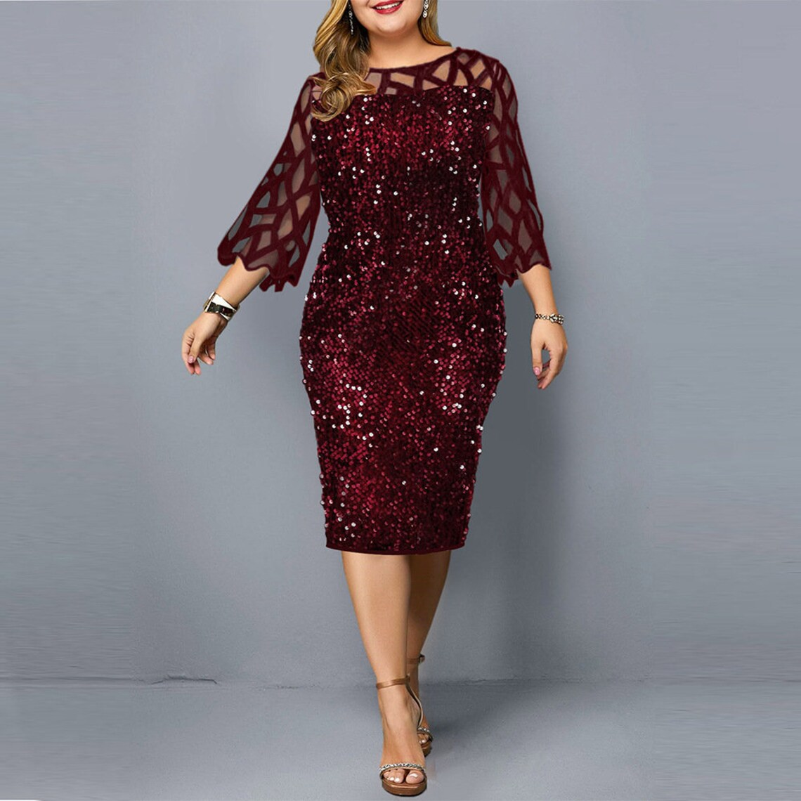 Best Instagram Red Sequin Dress Bling: Plus Size Lace Sequin Evening Short Dress with 3/4 Sleeves