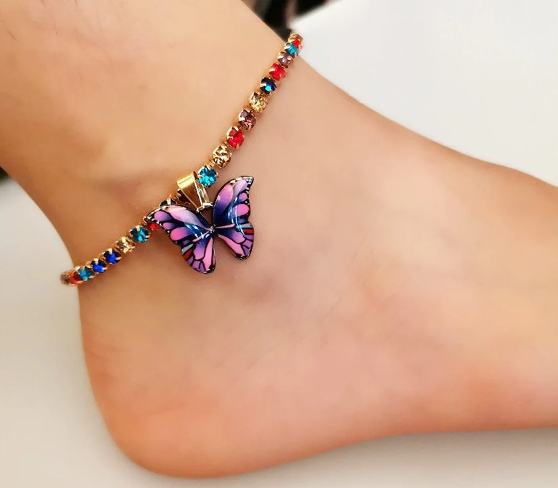 Multi Color Glittering Rhinestone Cute Aesthetic Ankle Bracelet with Butterfly Pendant