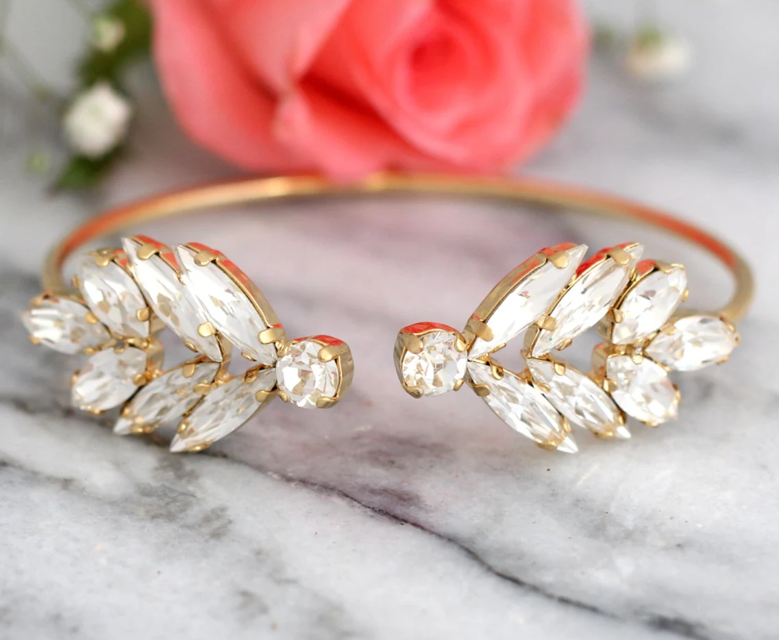 Clear Crystal Bridal Yellow Gold Open Cuff Bracelet