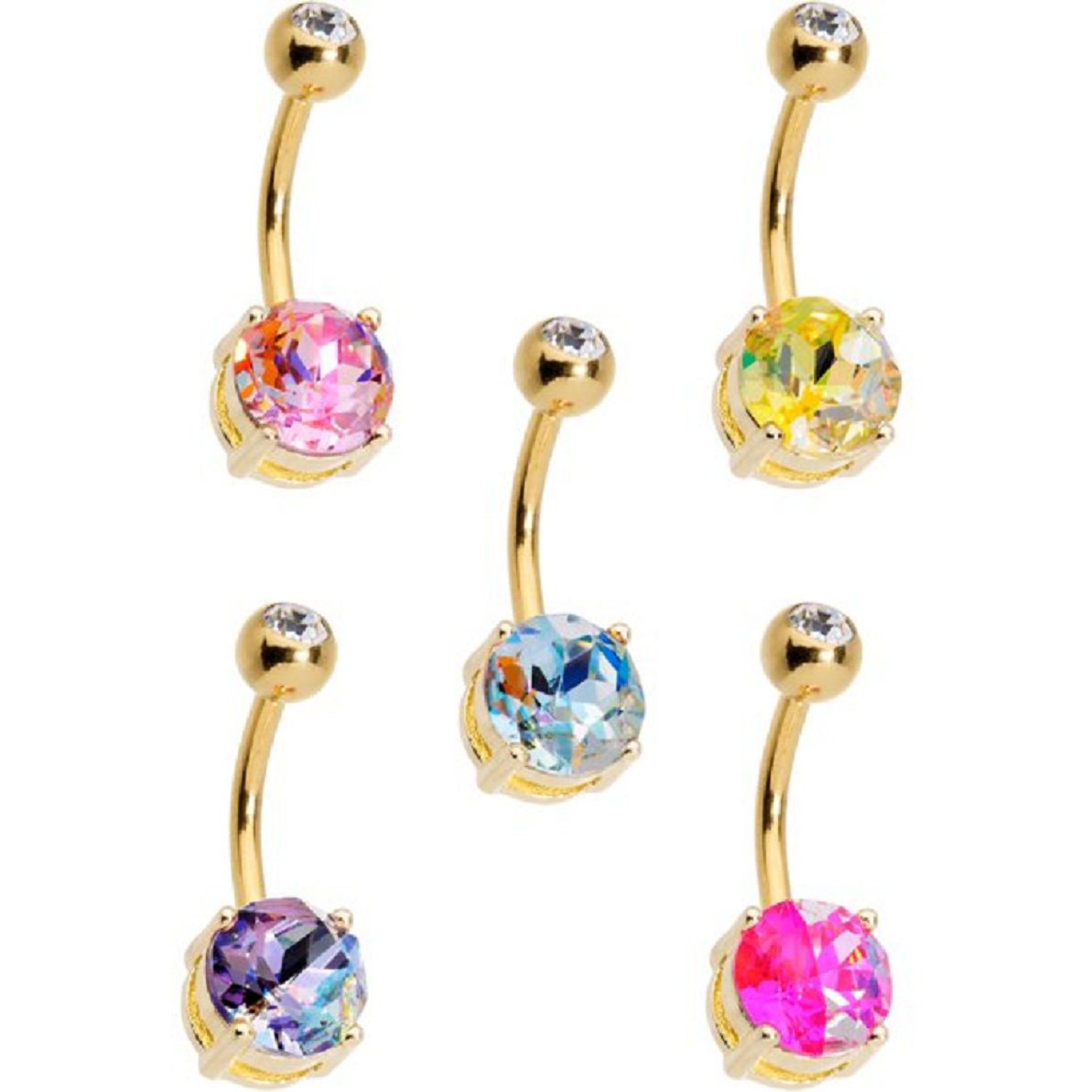 Glitter Gold Plated Steel Blue, Purple, Pink, Yellow Accent Rhinestones Belly Ring