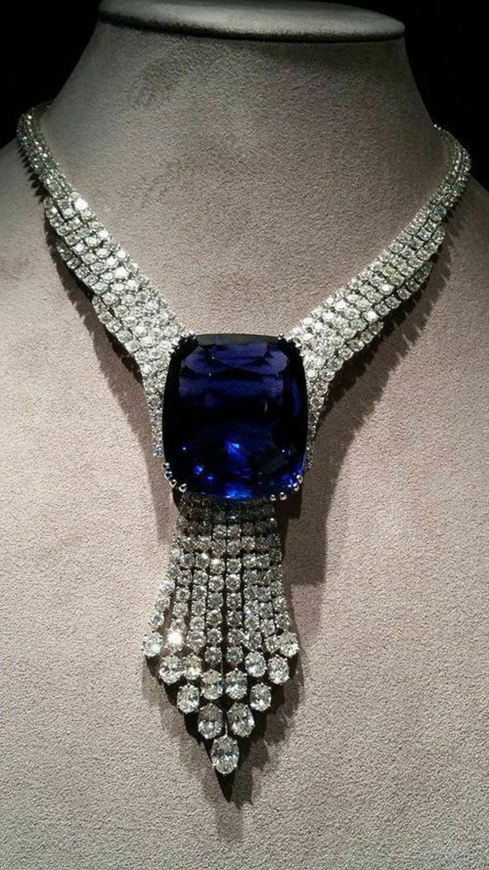 Large Royal Blue Cushion Cut Sapphire & White CZ Fine Necklace