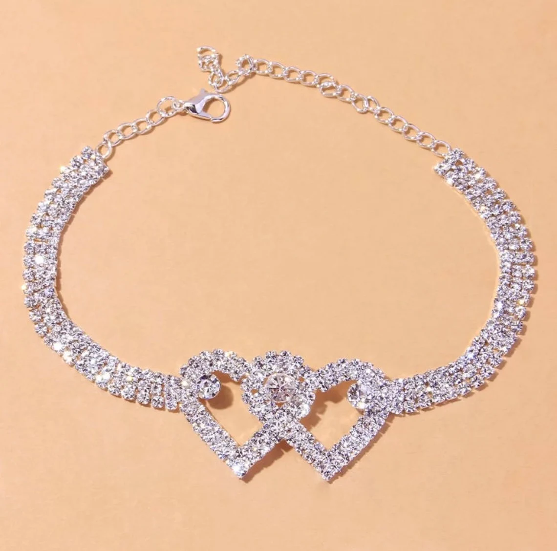 Double Heart Ankle Bracelets Bling with Rhinestones