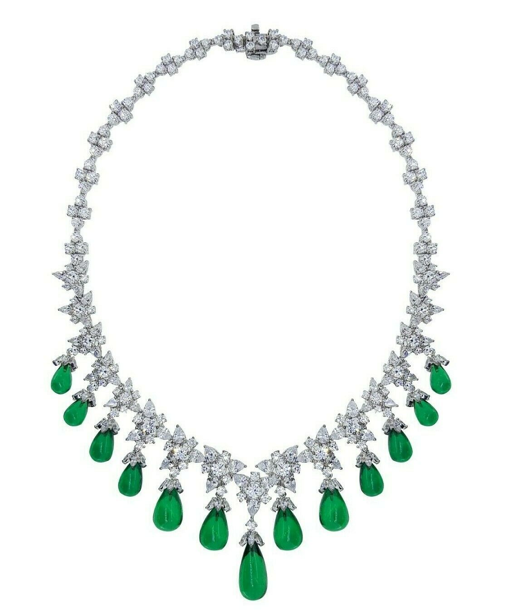 Green Drops Floral Design Vintage Necklace for Women with White Gold Plated