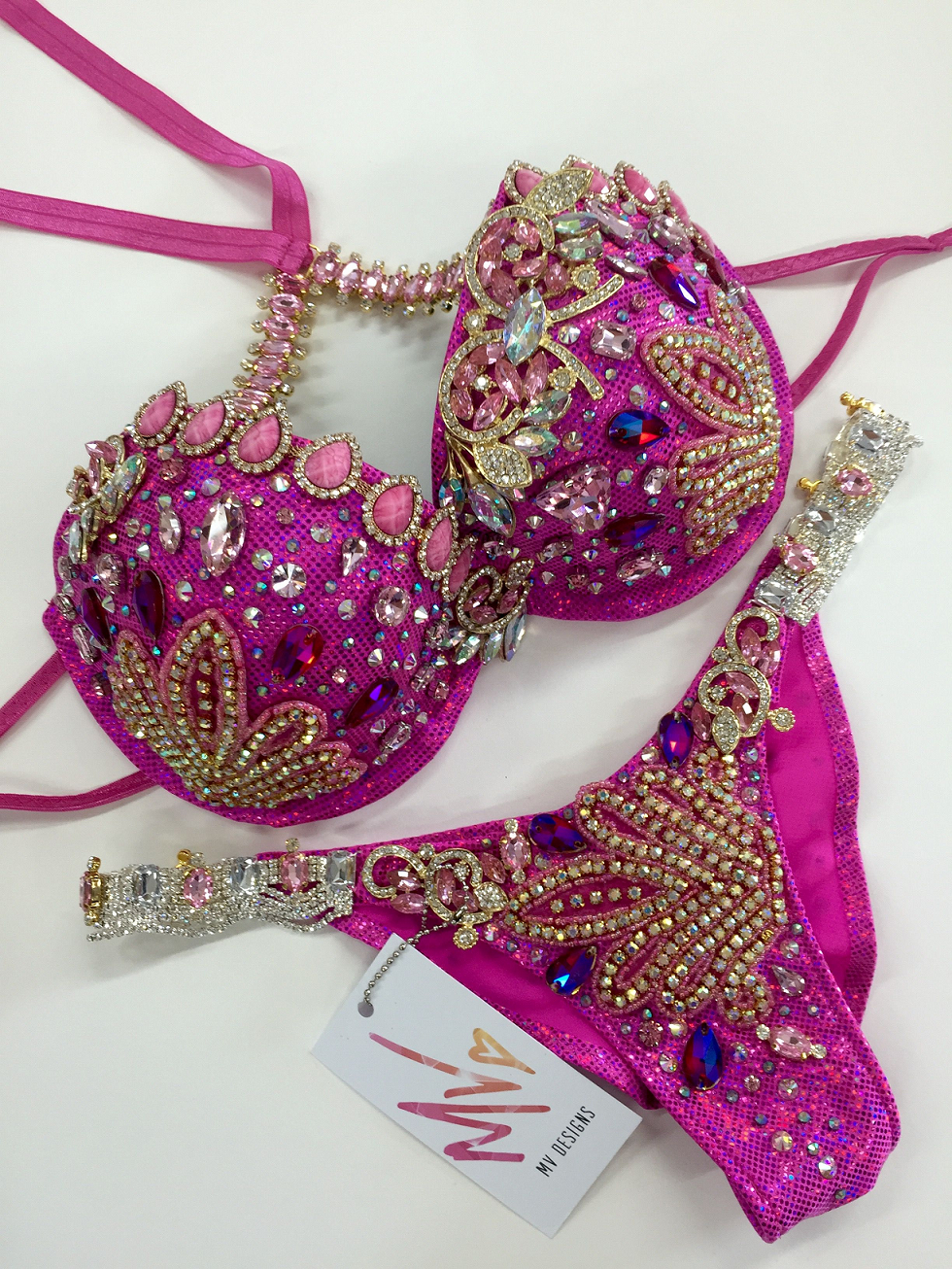 Pink 2 Piece Swim Wear with Tie Back with Embellished Multi-Color Crystals