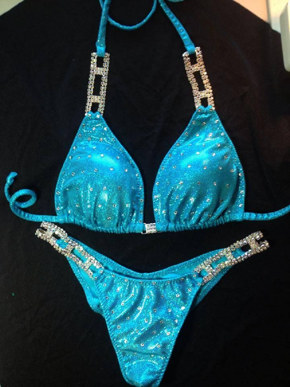 Turquoise Blue 2 Piece Bikini Wear with Rhinestones Embellished Straps