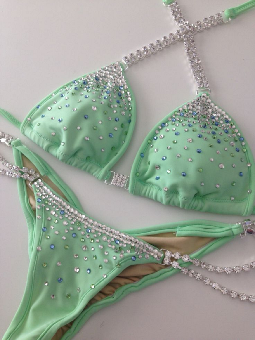 Green 2 Piece Swim Wear with Rhinestones Embellished Tie Up Straps