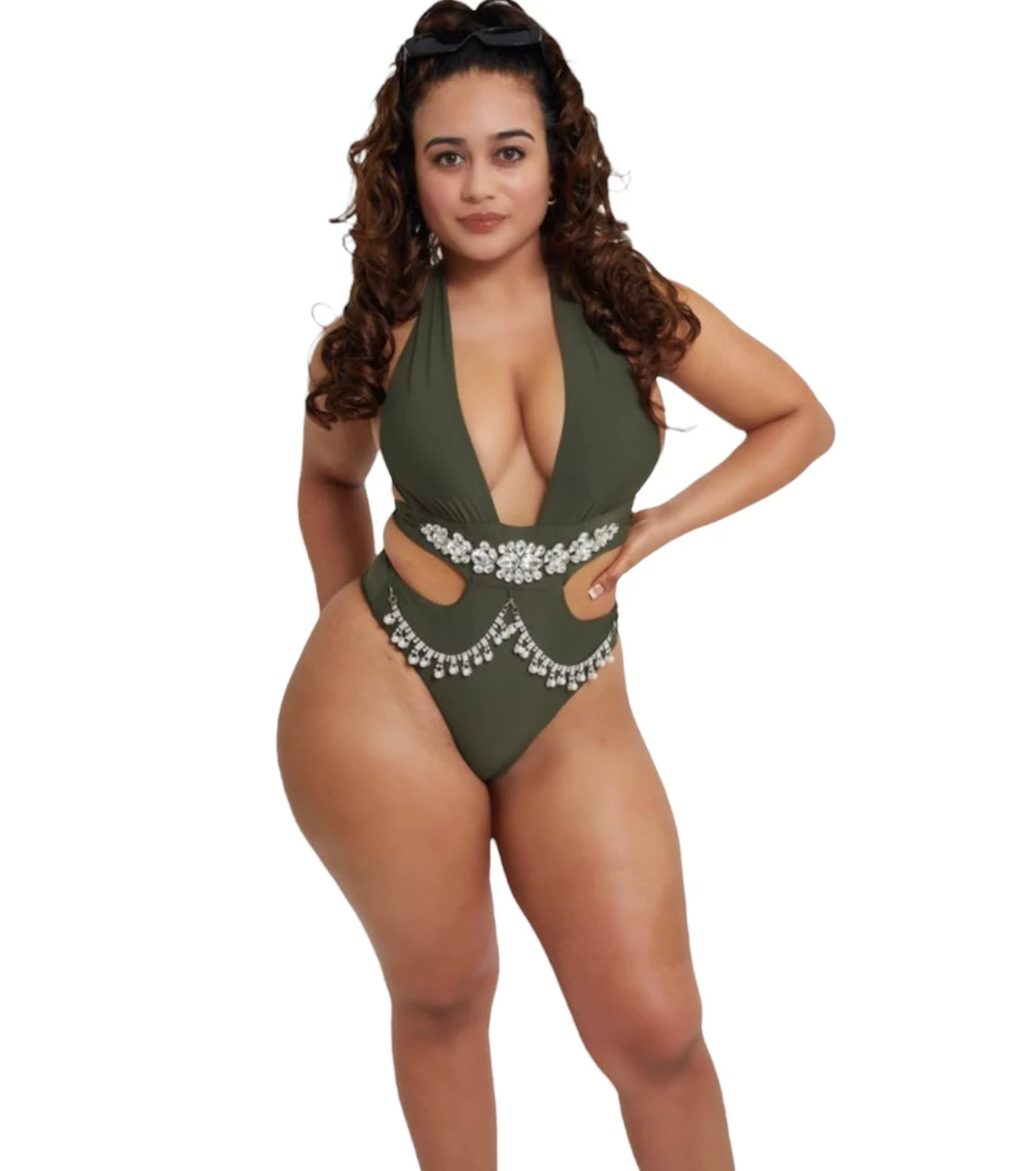 Olive Green One Piece Bikini Decorated with Crystal Stones and Pearls