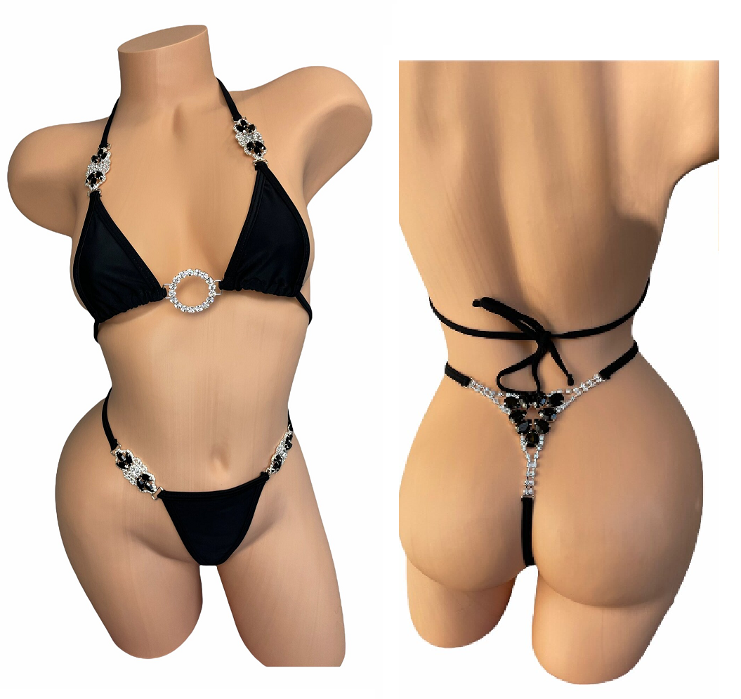 Micro Black Handmade Thong Bikini with Bottom Embellished with Rhinestones