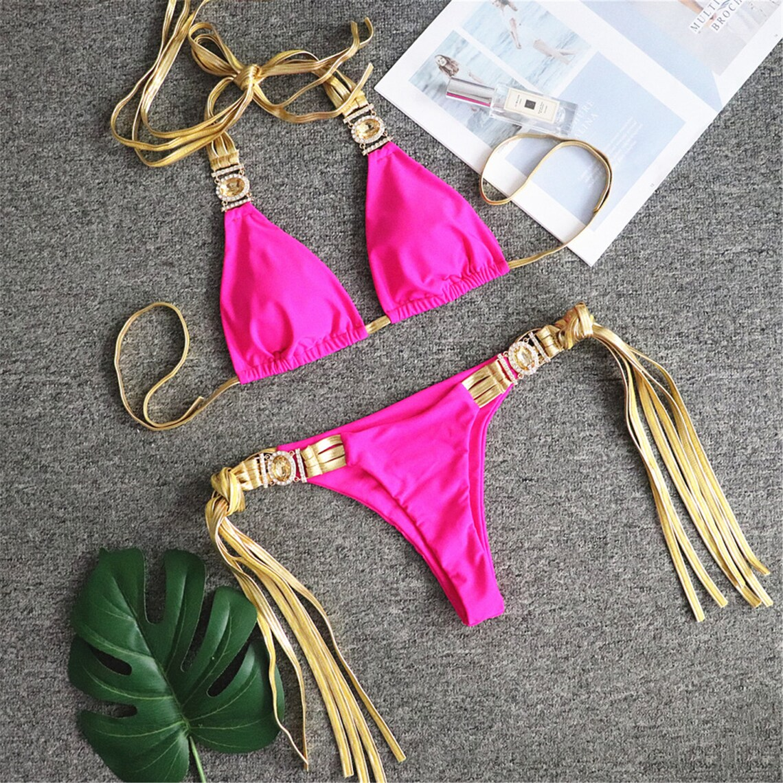 Hot Pink Bikini Set Tanga with Crystal Embellished Swimwear