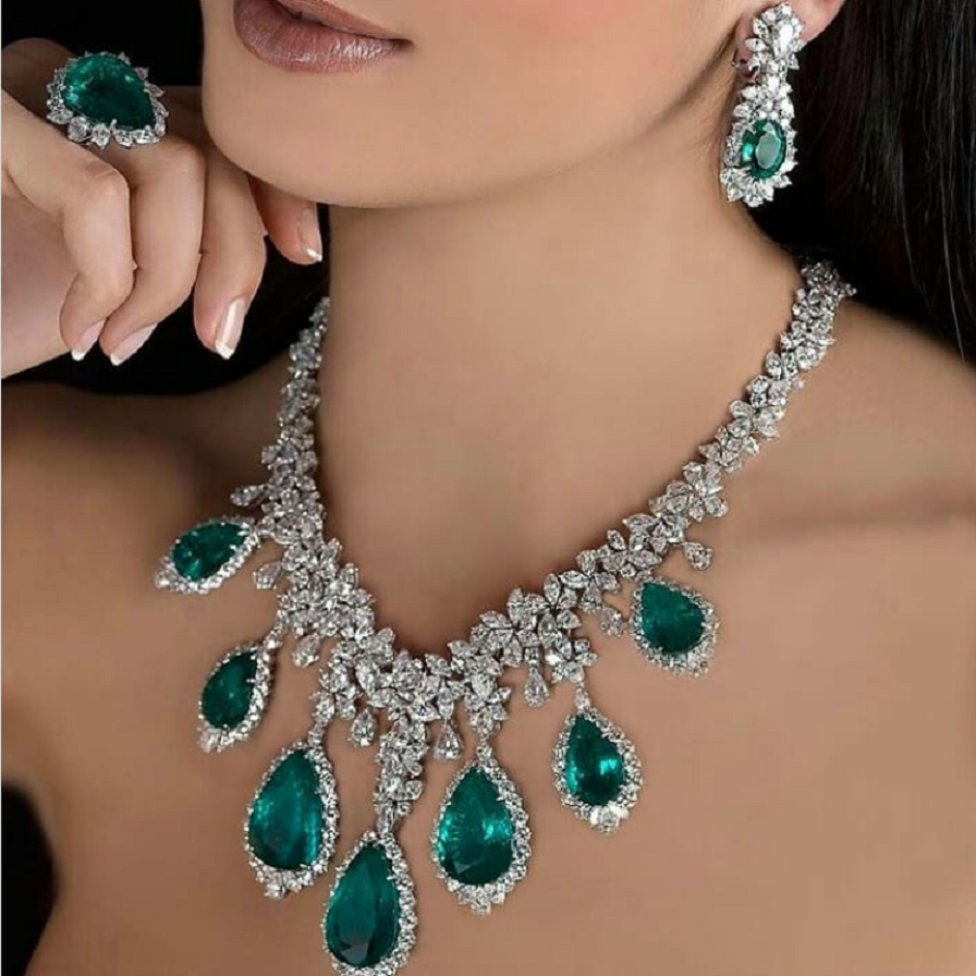 Glittering Necklace with Clear Rhinestones and Emerald Crystals with Matching Earrings and Ring