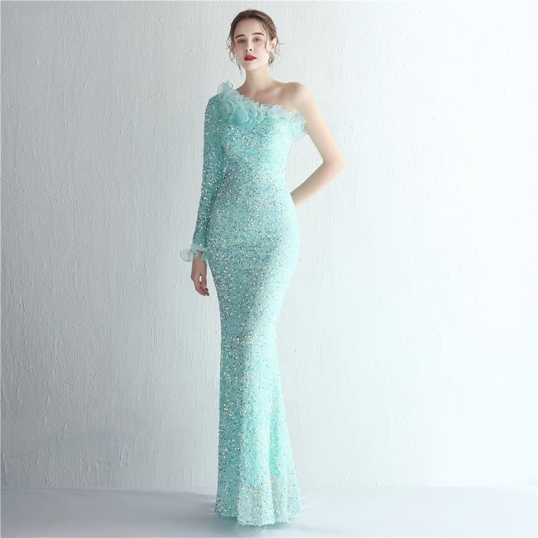 Elegant Embellished Prom Gown with One Shoulder Long Sleeves