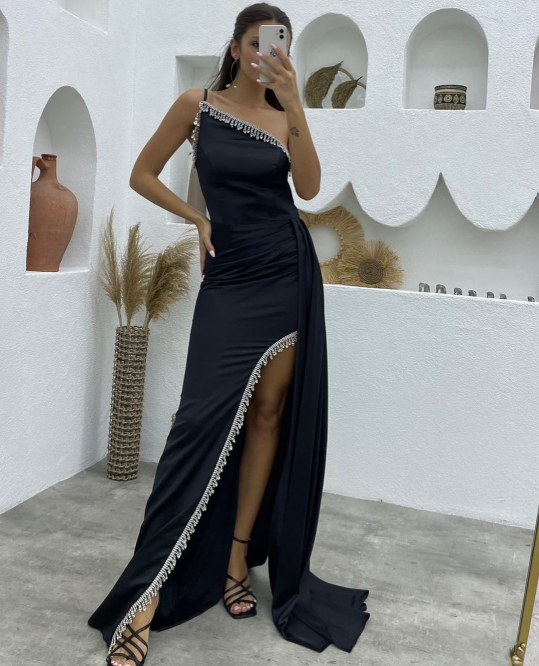 Black Long One Shoulder Gown with Embellished Trims and High Slit for A Prom Night