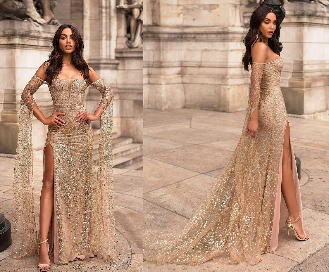 Gold Embellished Beaded Off the Shoulder Cape Gown with V-Neck and High Slit