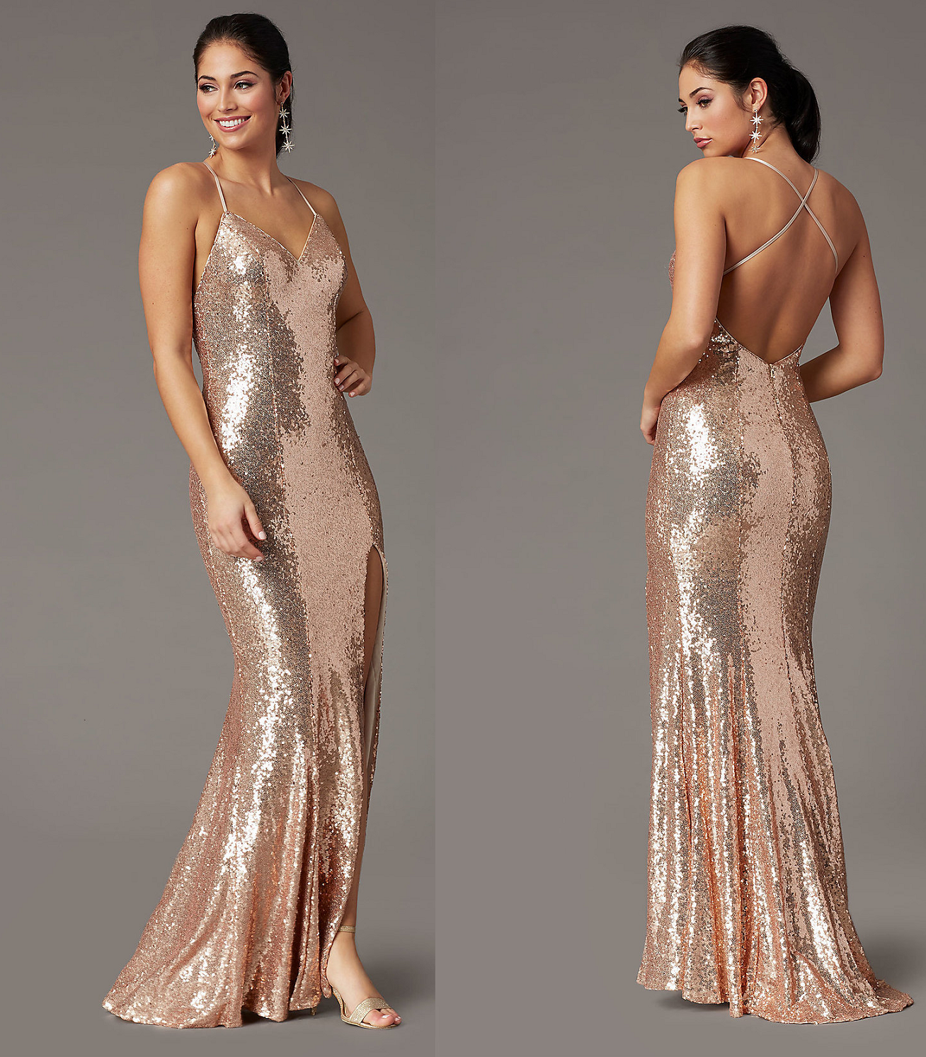 Backless Rose Gold Long Sequin Formal Gown