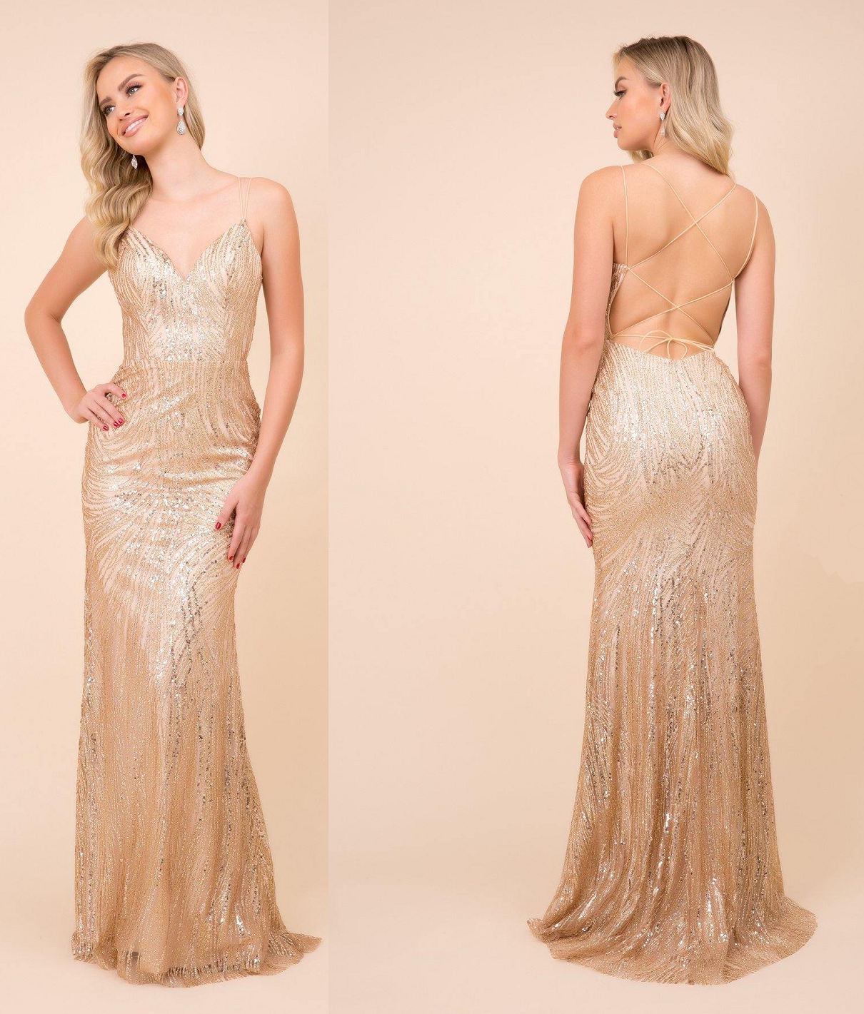 Long Gold Sequined V-Neck Bodice Dress with Spaghetti Straps