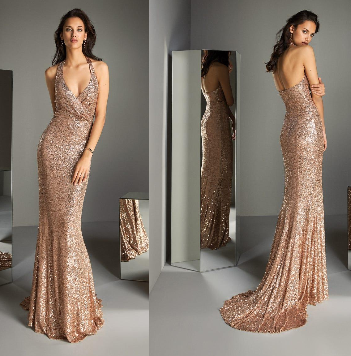 Full Sequins Long Evening Halter Neck Backless Mermaid Formal Party Dress