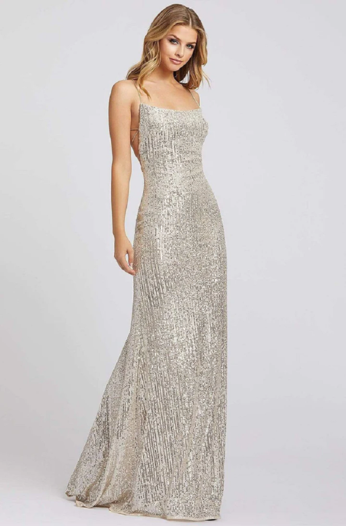 Allover Sequin Scoop Neck Strappy Gown with Open Back and Sleeves