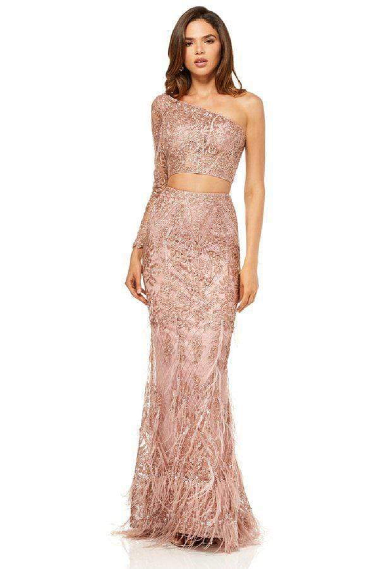 One Shoulder Asymmetric Neck with Feathers and Beaded Gown