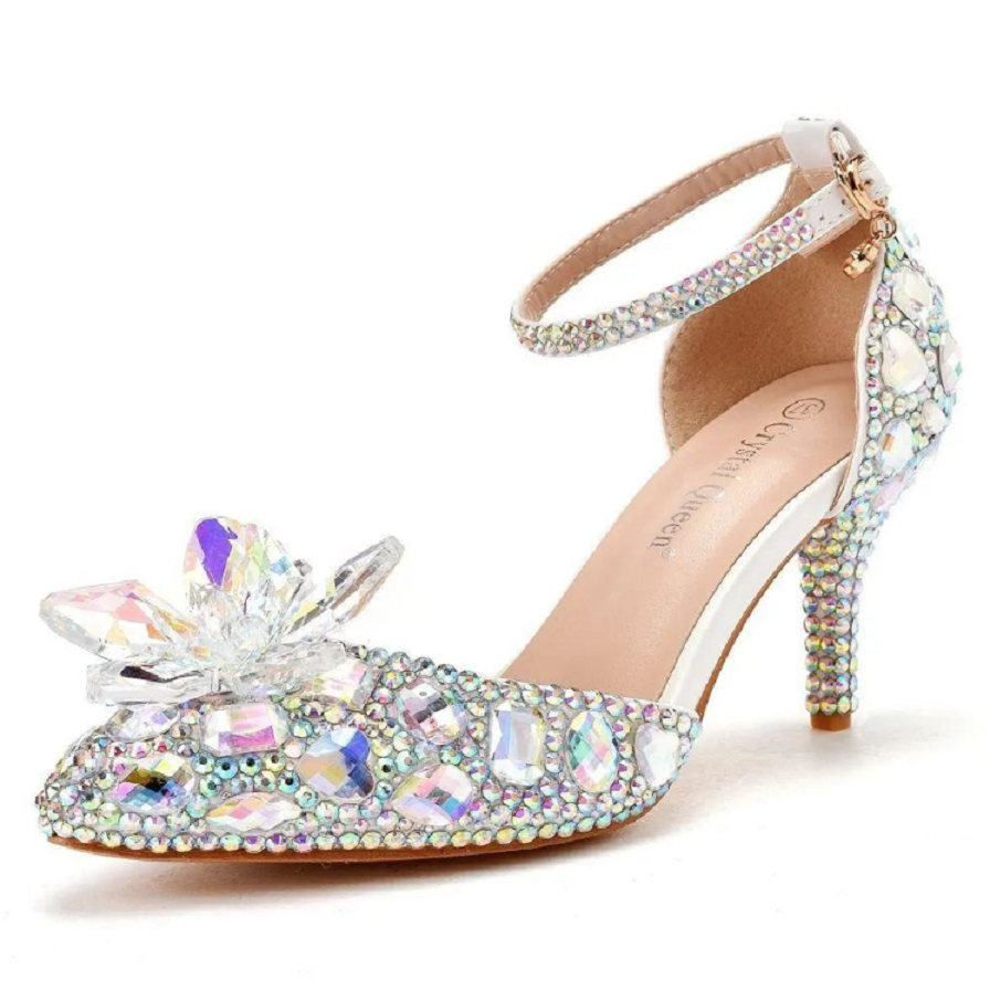 All White Pointed Toe High Heels Bridal Shoe Embellished with Rhinestones