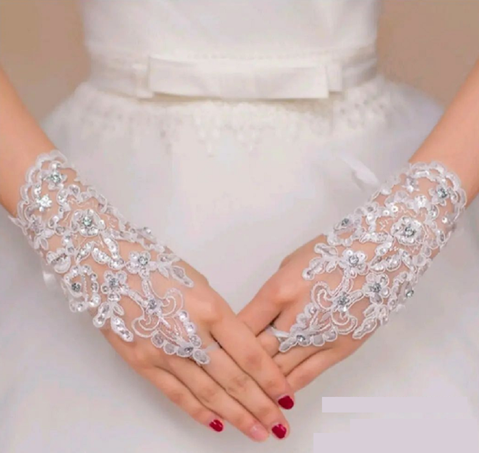 Bridal Gloves In White Mesh with Embellished Rhinestones