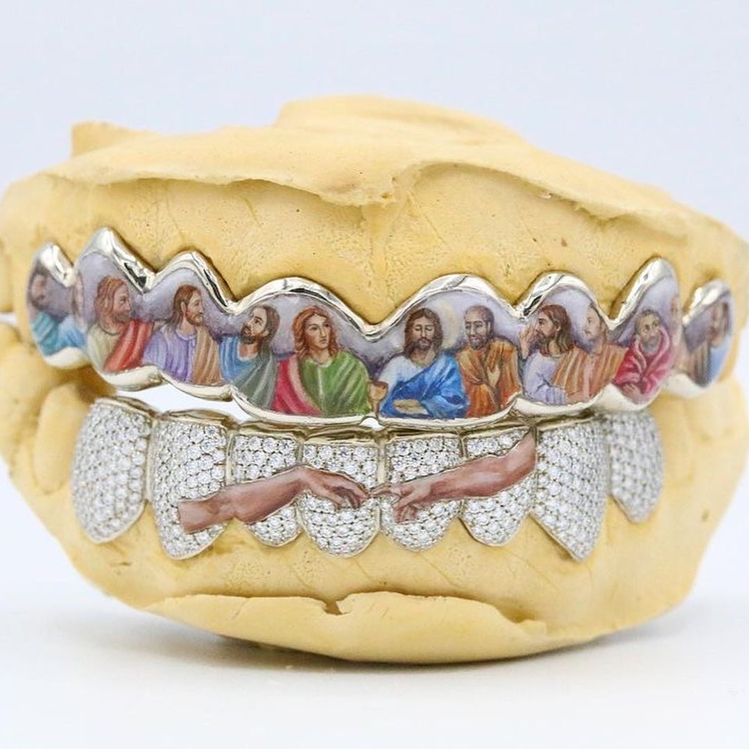 Yellow Gold All Teeth Grillz with The Last Sabbath Day and Rhinestones