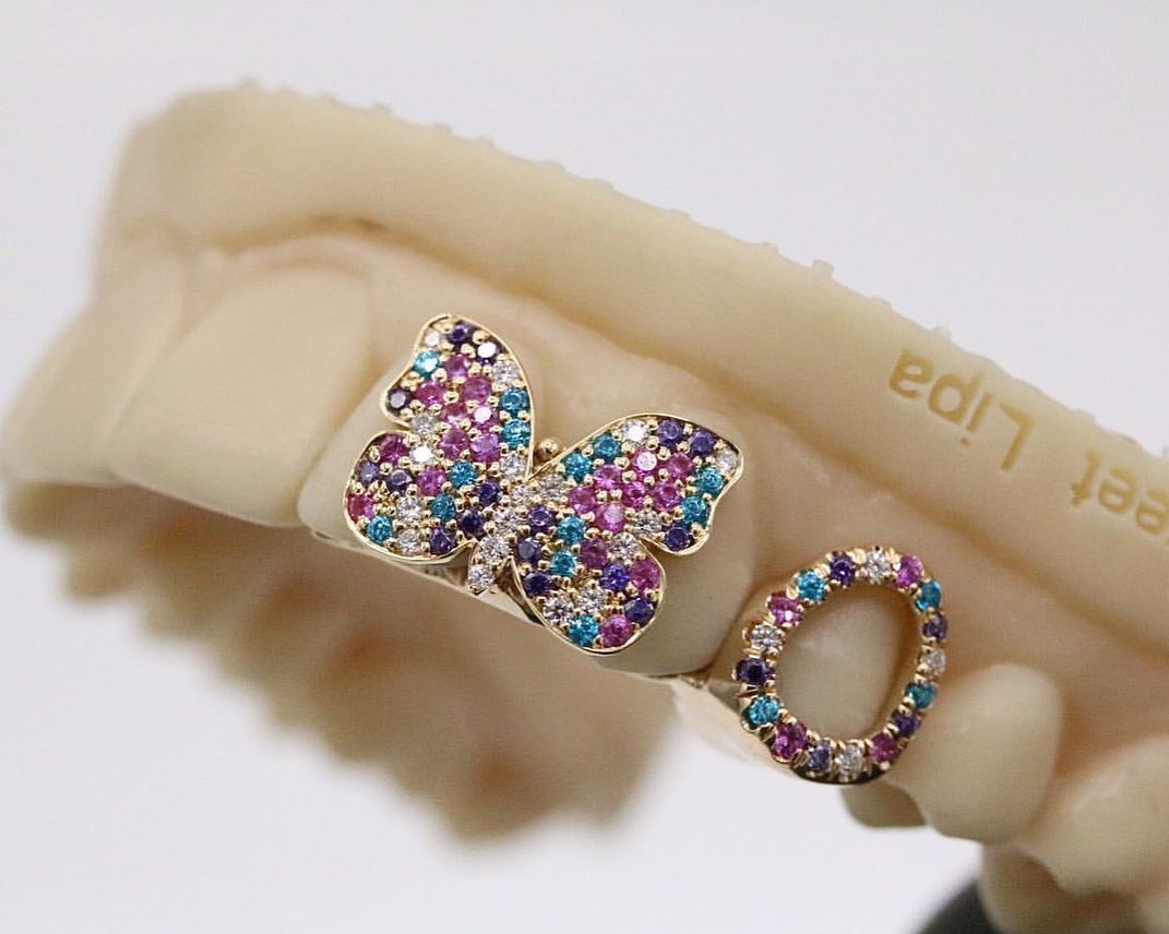 Yellow Gold Butterfly Design Single Tooth with Open Tooth Grill with Colorful Rhinestones