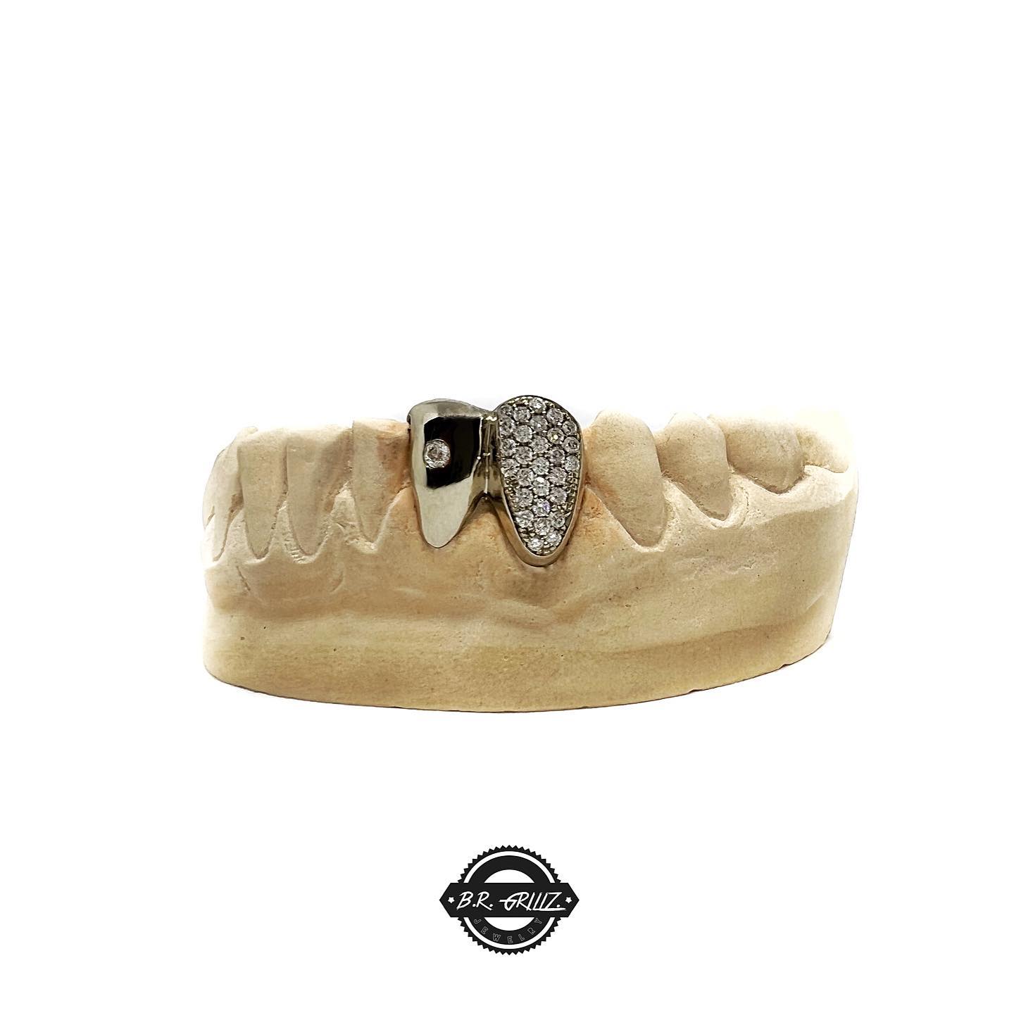 Yellow Gold Bottom Two Teeth Grillz with Clear Rhinestones