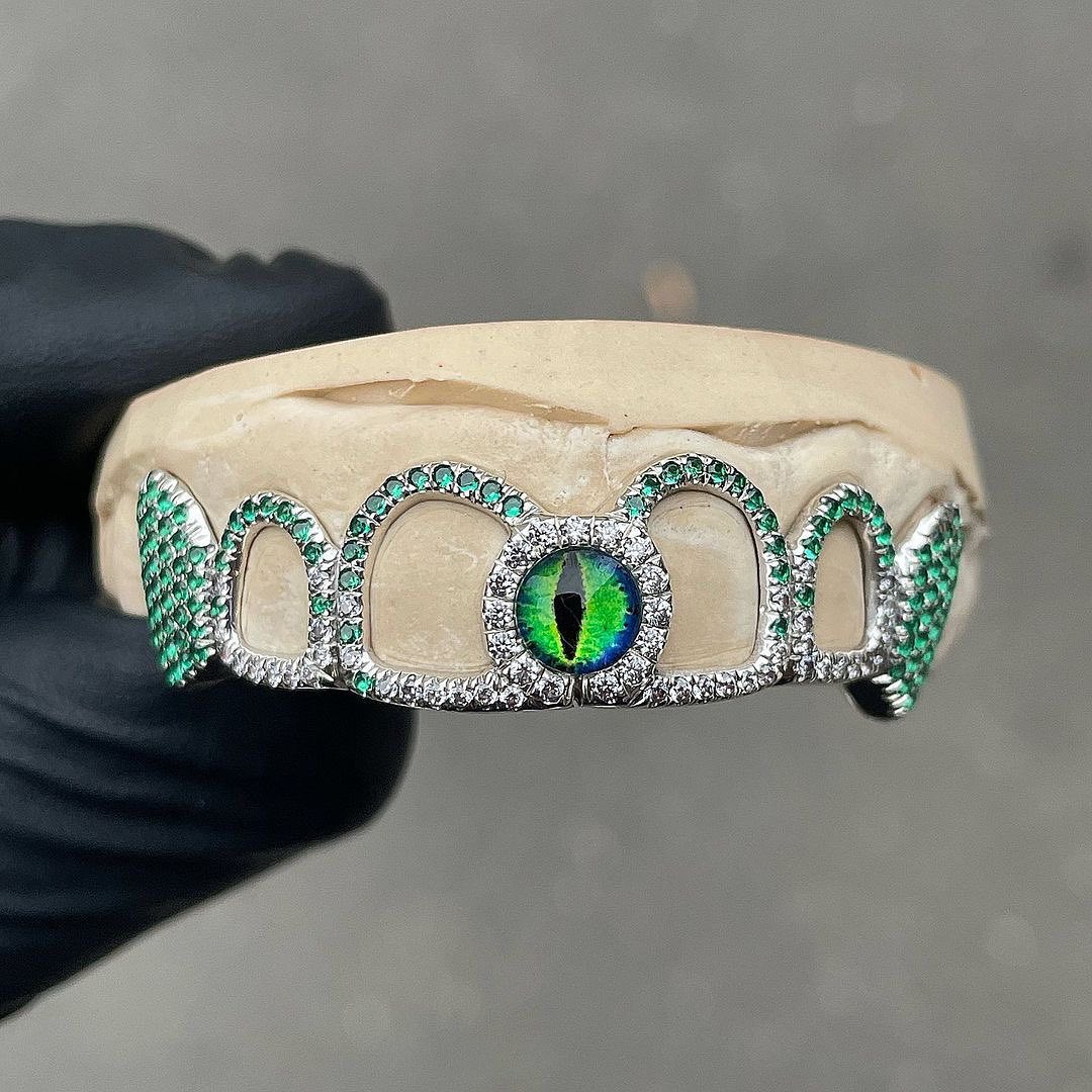 Silver Teeth Grillz with Green Rhinestones