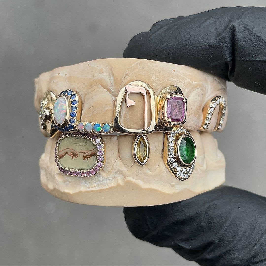 Yellow Gold Teeth Grillz with Opal Stones and Colorful Rhinestones